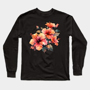 Beautiful Watercolor Tropical Hibiscus Flower Long Sleeve T-Shirt